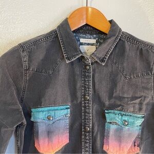 American Eagle Outfitters Black Washed Denim Shirt with Floral Lining